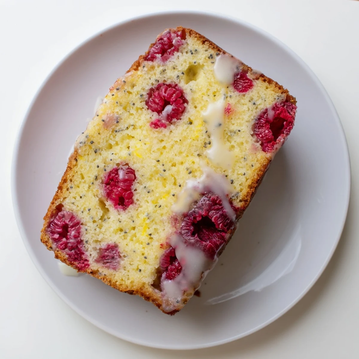 Rustic raspberry lemon poppyseed loaf cake topped with tangy glaze and fresh lemon zest curls