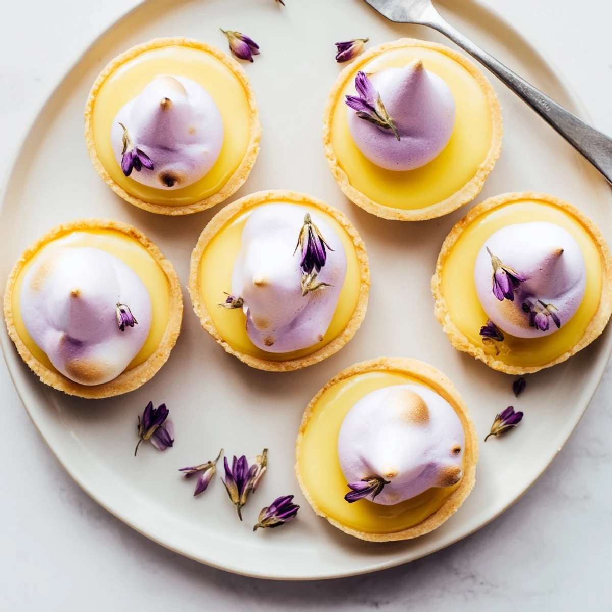Golden mini lemon tart with lilac meringue topped with toasted peaks and fresh edible blossoms