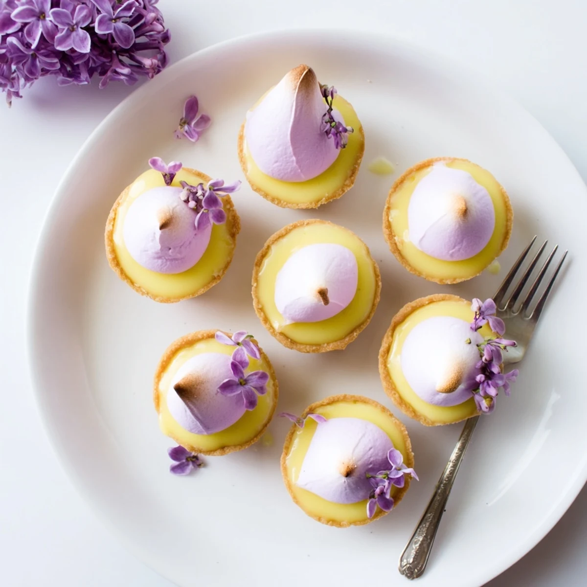 Close-up of French-inspired mini lemon tart featuring crisp shell, tangy curd, and fluffy floral meringue