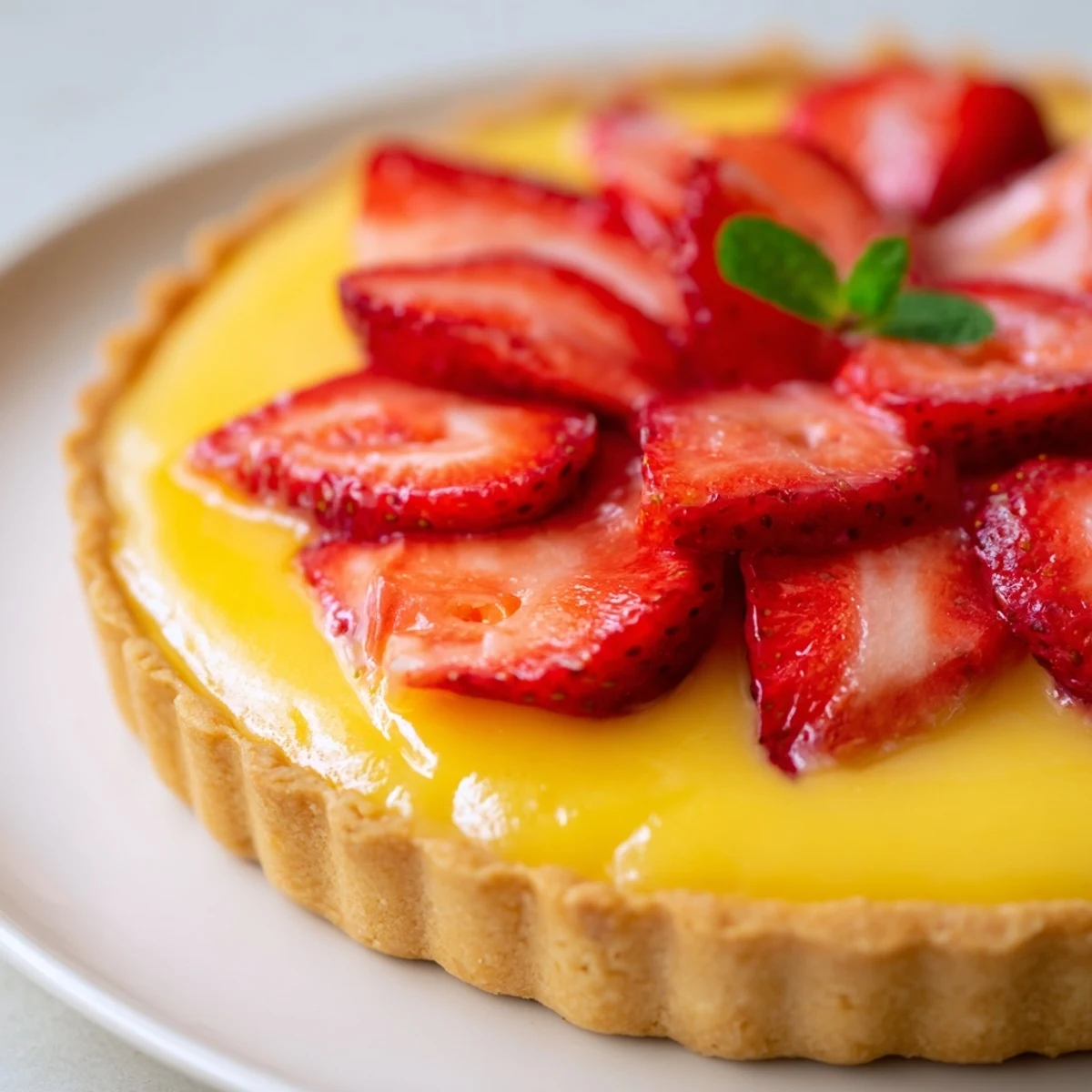 Golden buttery tart shells layered with silky honey custard topped with fresh strawberry slices