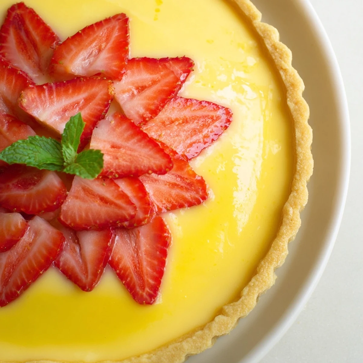 Individual strawberry honey custard tarts featuring tangy lemon curd and vibrant red strawberry garnish