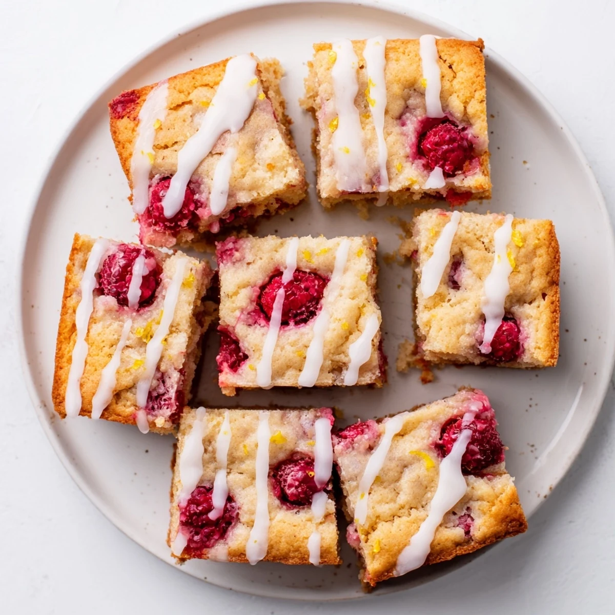 Golden raspberry lemon blondies drizzled with white lemon glaze on a wooden board