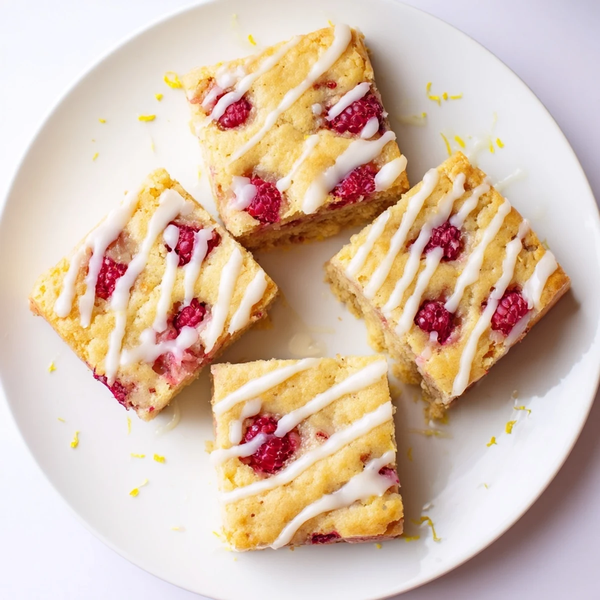 Soft chewy lemon blondies studded with fresh red raspberries and zesty glaze