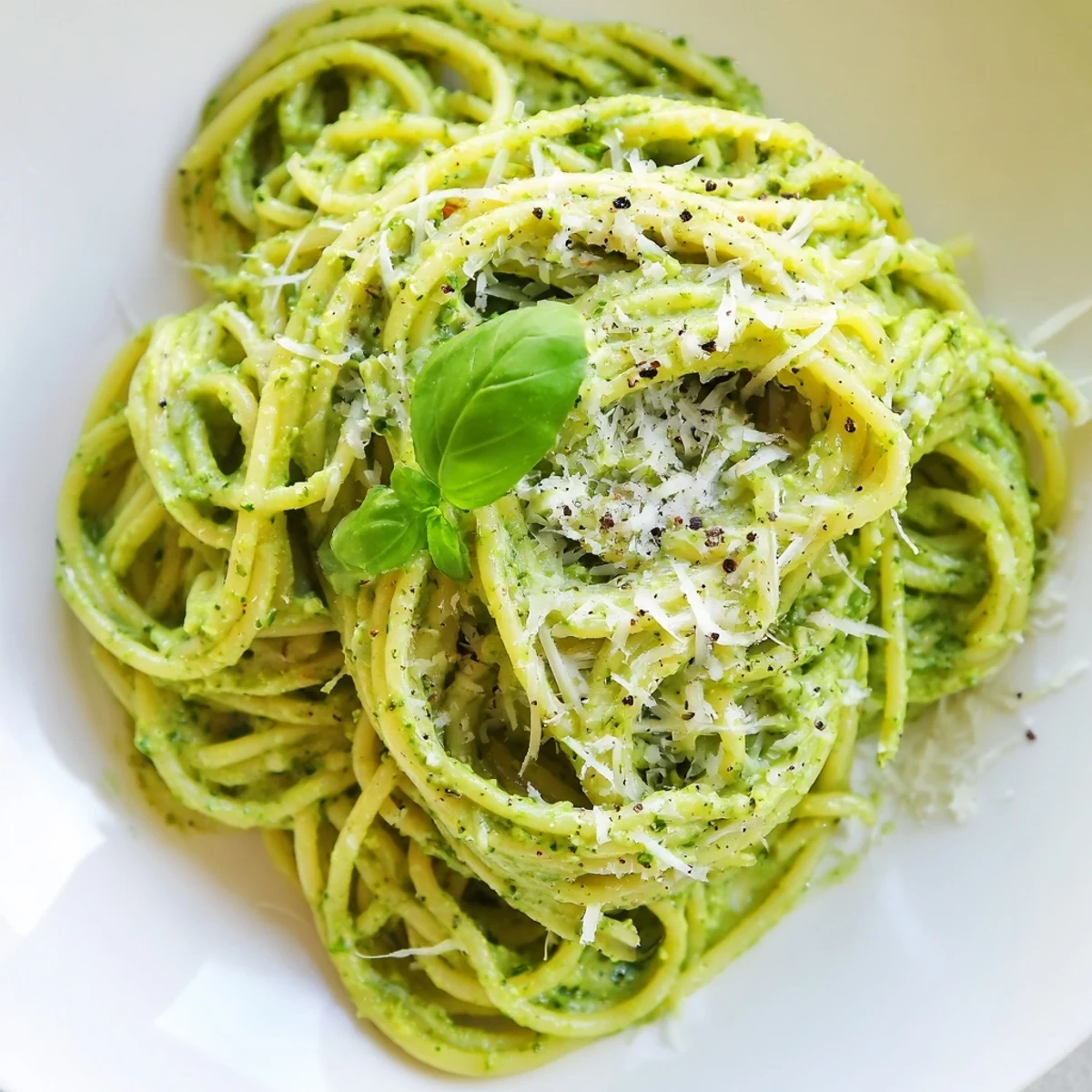 Al dente spaghetti coated in rich avocado spinach basil pesto sprinkled with grated Parmesan and cracked black pepper