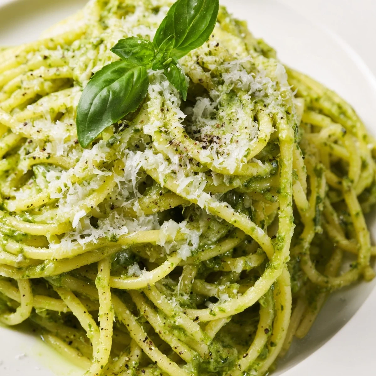 Creamy avocado spinach and basil pesto spaghetti tossed with vibrant green sauce and garnished with fresh basil leaves