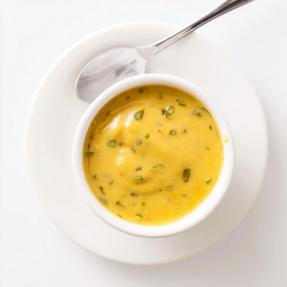 Thick jalapeño honey mustard sauce swirled in glass jar showing vibrant green pepper specks throughout