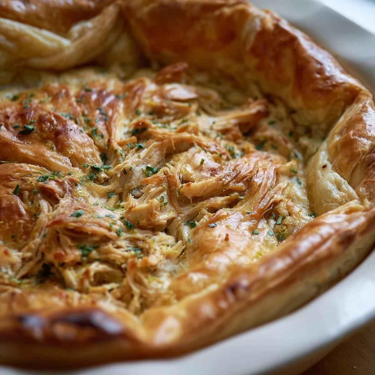 Golden chicken ricotta and herb pie with flaky puff pastry crust, freshly baked to perfection