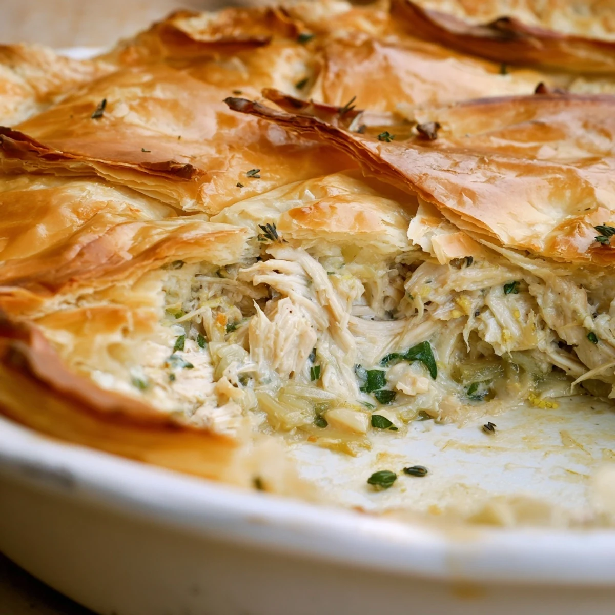 Rustic chicken ricotta herb pie sliced open showing creamy white filling and tender shredded chicken pieces