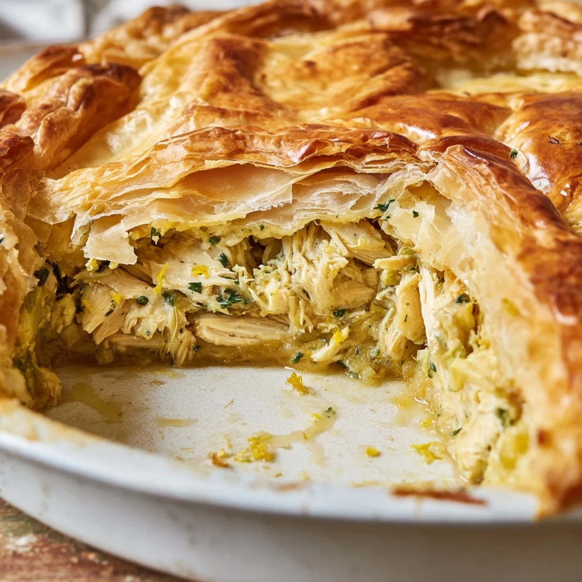 Whole chicken ricotta and herb pie brushed with egg wash, golden brown and ready for family dinner