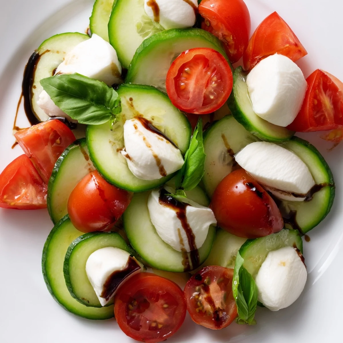 Refreshing Easy Cucumber Caprese Salad with crisp cucumbers, juicy tomatoes, and fresh basil drizzled with balsamic glaze