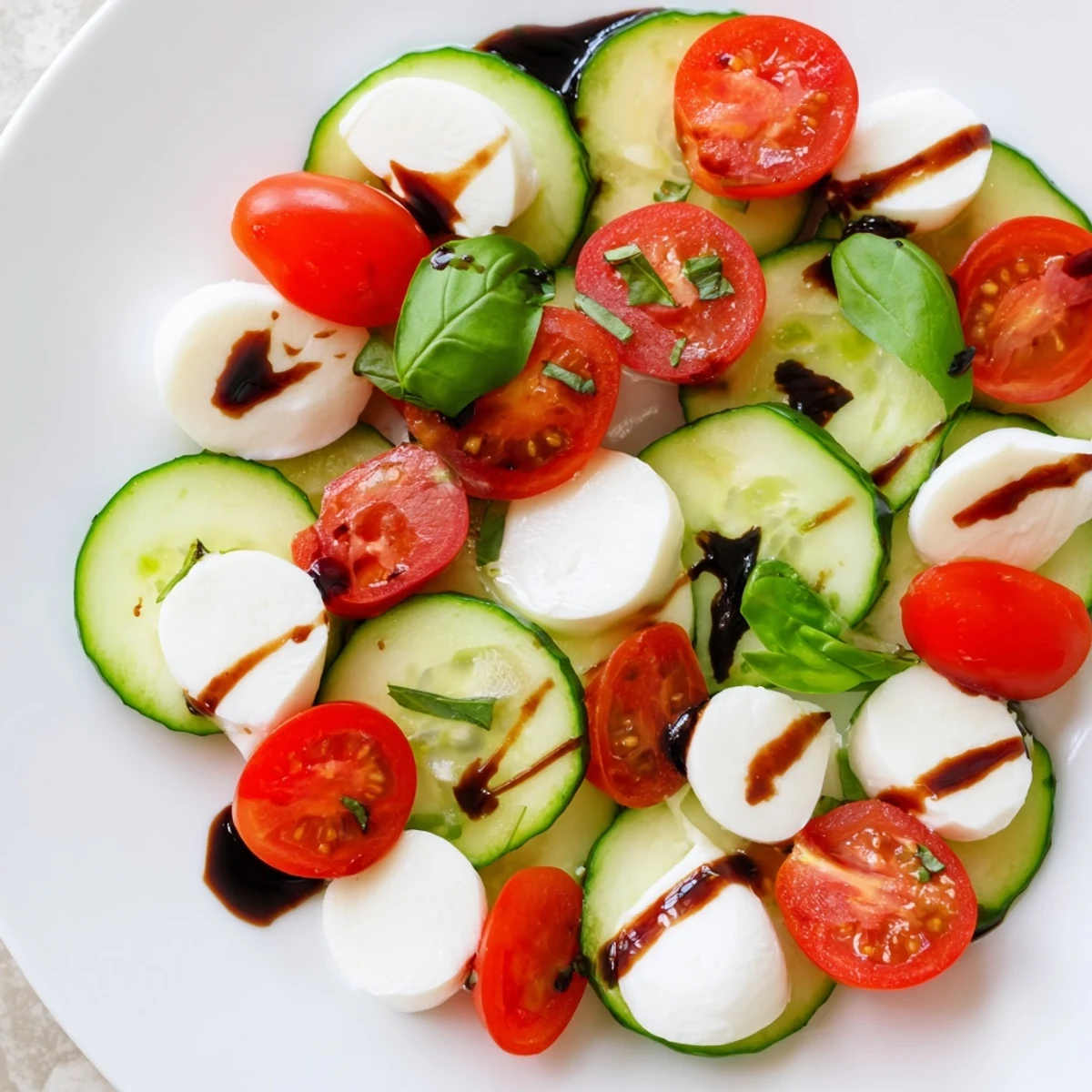 Colorful summer Easy Cucumber Caprese Salad featuring sliced mozzarella, cherry tomatoes, and fragrant basil on a serving platter