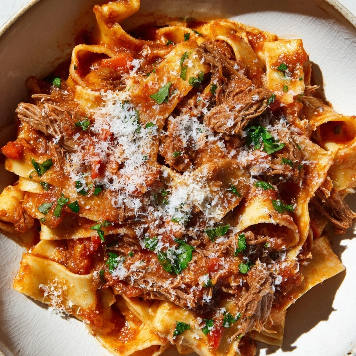 Hearty slow cooked lamb ragu served over al dente pappardelle with fresh parsley garnish