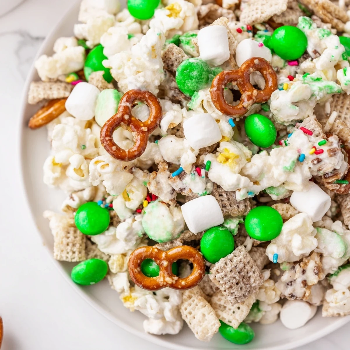 Festive Leprechaun Bait snack mix with white chocolate drizzle and rainbow sprinkles