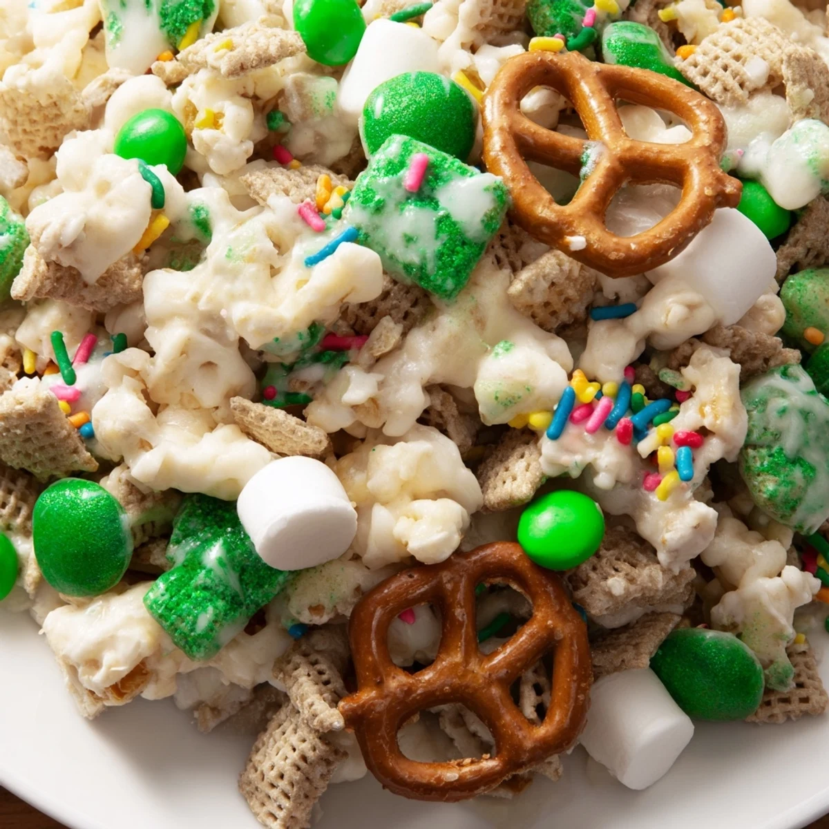 Colorful St. Patricks Day Leprechaun Bait featuring green candies and marshmallows