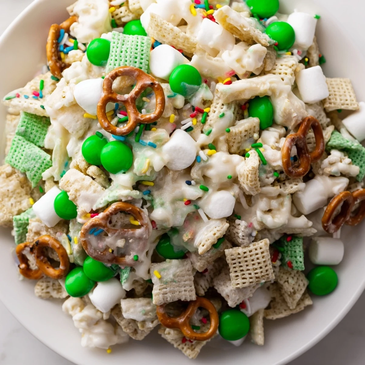 Sweet and salty Leprechaun Bait scattered on baking sheet with popcorn and pretzels