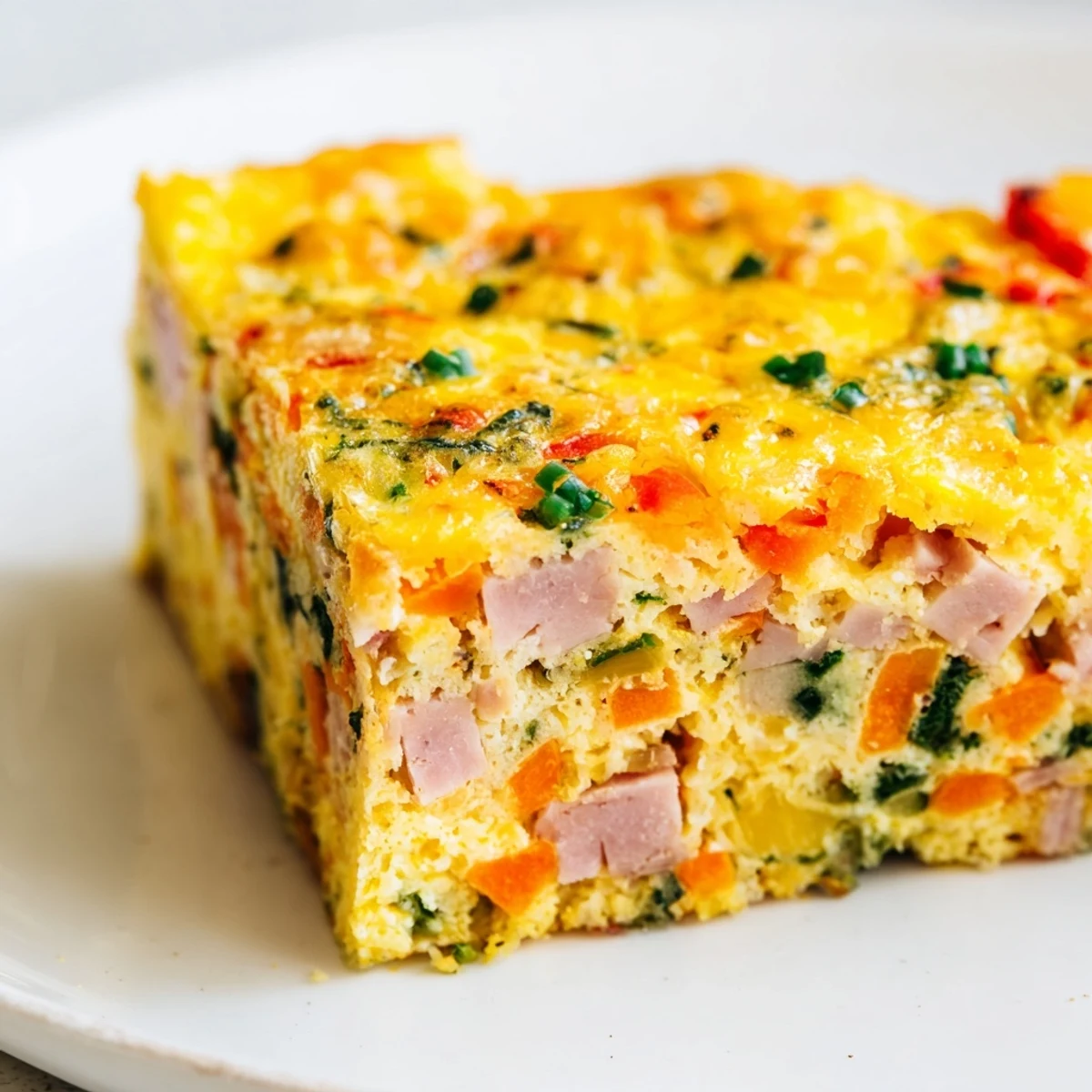 Golden vegetable and ham slice served warm on a white plate with fresh herbs