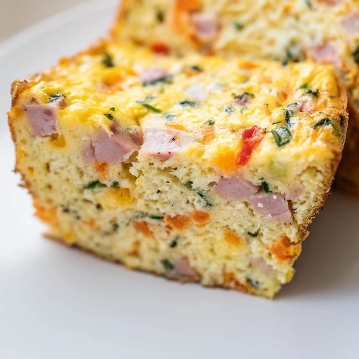 Savory vegetable and ham slice packed with colorful zucchini, carrot, and melted cheddar cheese