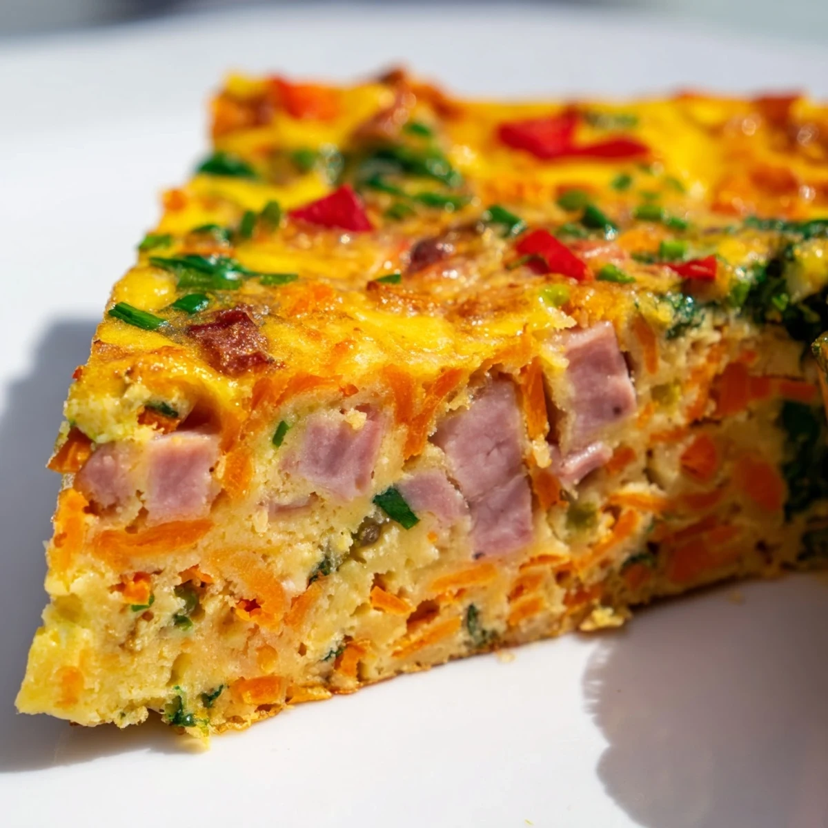 Moist vegetable and ham slice loaf ready for brunch with a side green salad