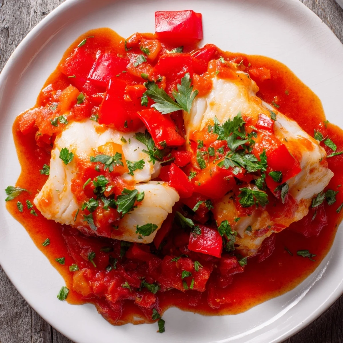 Golden white fish fillets nestled in rich red Moroccan tomato sauce with fresh herbs