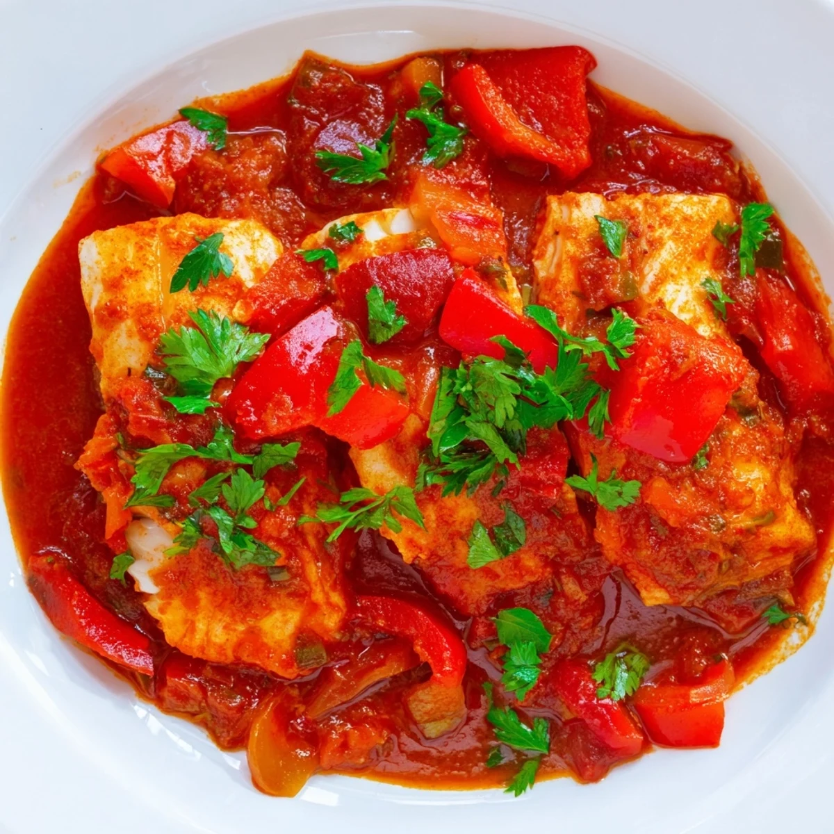 Flaky baked fish swimming in spiced tomato sauce topped with vibrant green cilantro