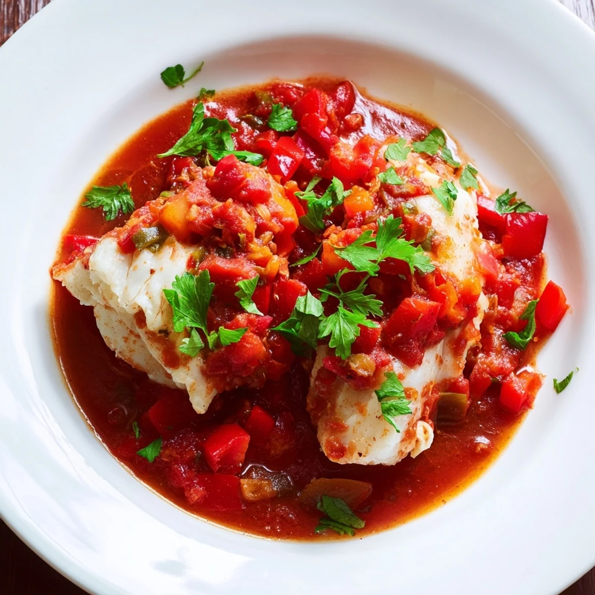 Moroccan braised fish fillets simmering in thick tomato sauce with red bell peppers