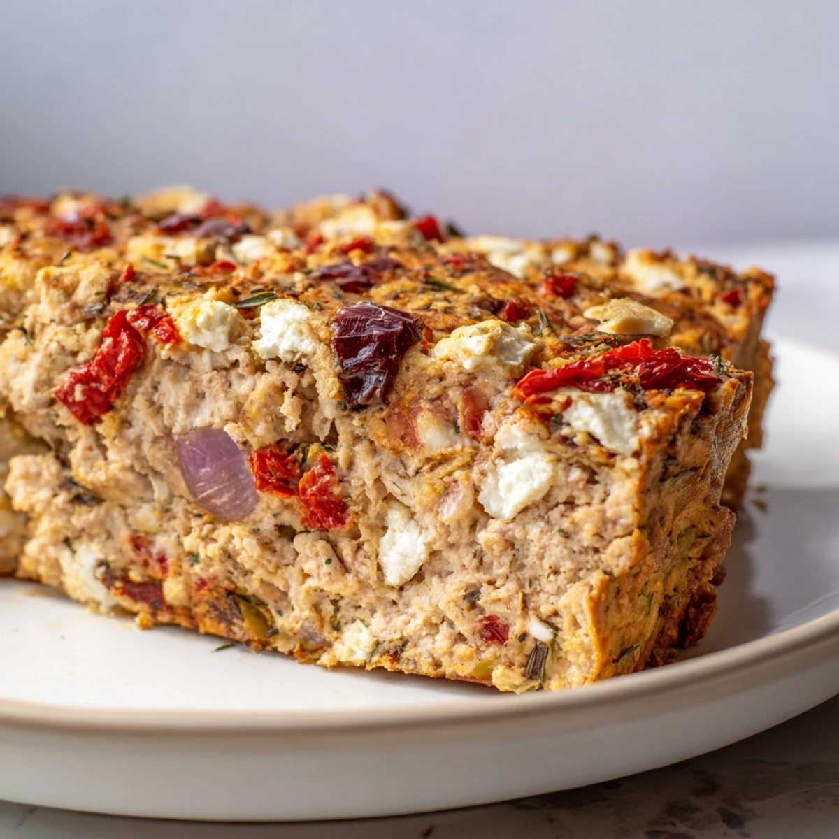 Golden Mediterranean turkey meatloaf sliced to reveal feta and sun-dried tomato pieces