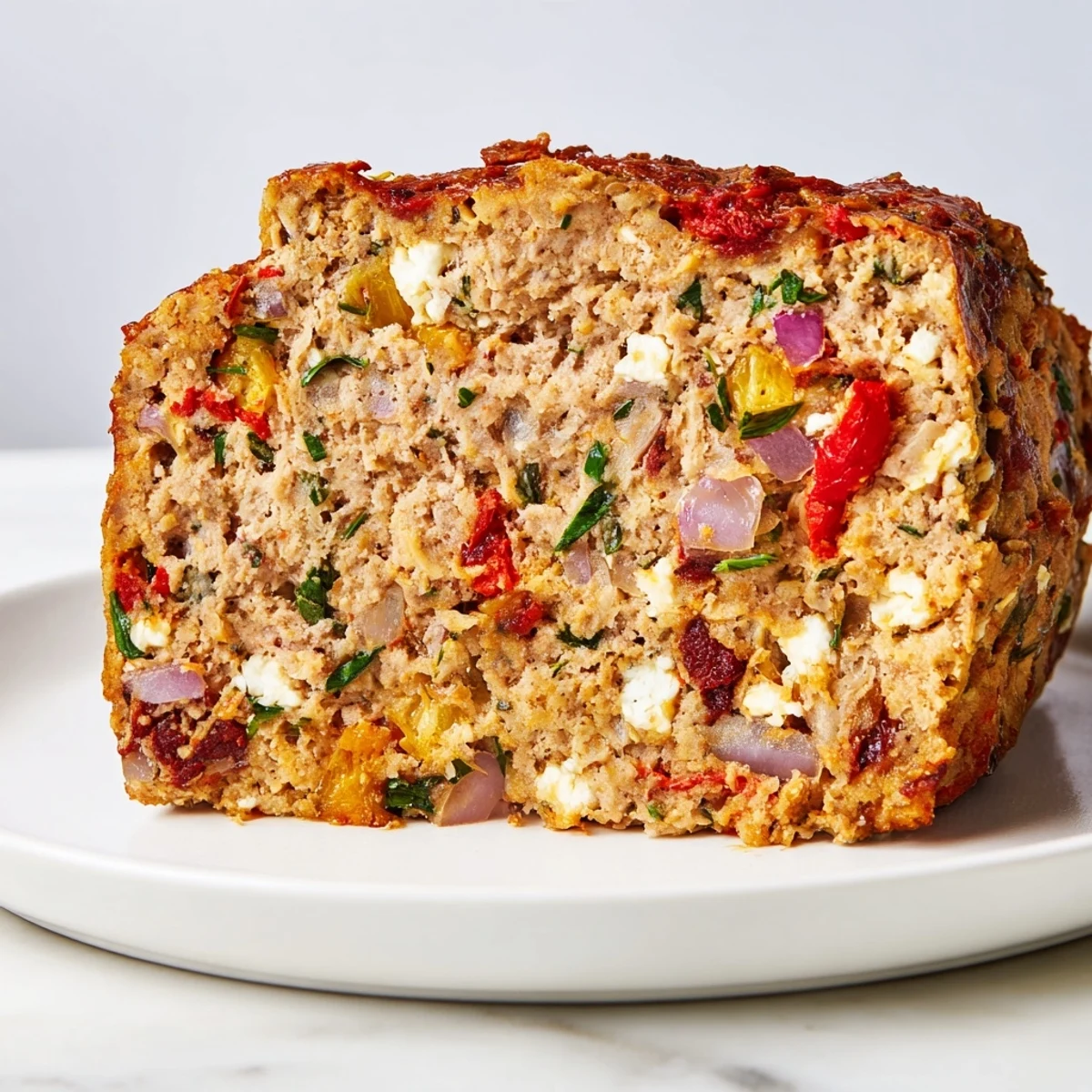 Savory Mediterranean turkey meatloaf with roasted red peppers ready for dinner service