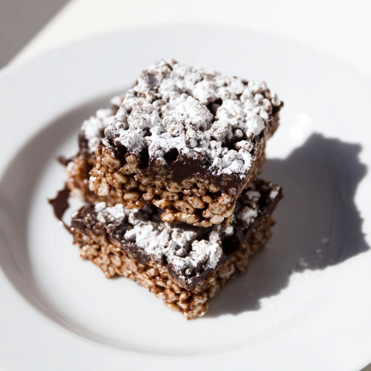 Homemade Muddy Buddy Rice Krispies squares coated in white powdered sugar on a wooden board