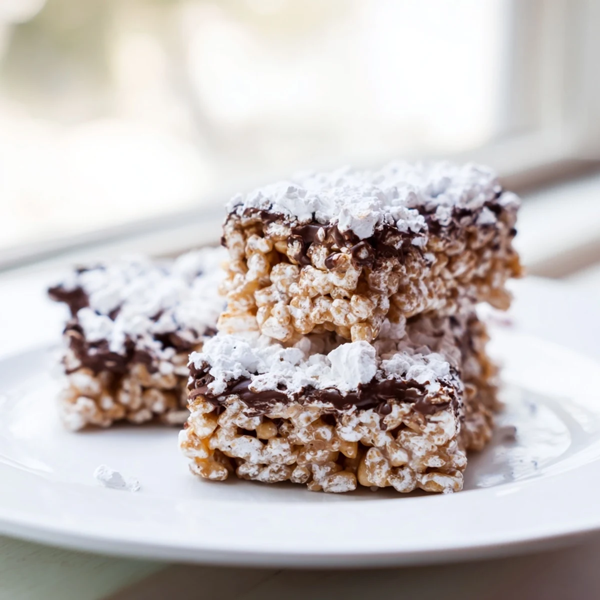 Cut squares of Muddy Buddy Rice Krispies tossed in powdered sugar setting on parchment paper