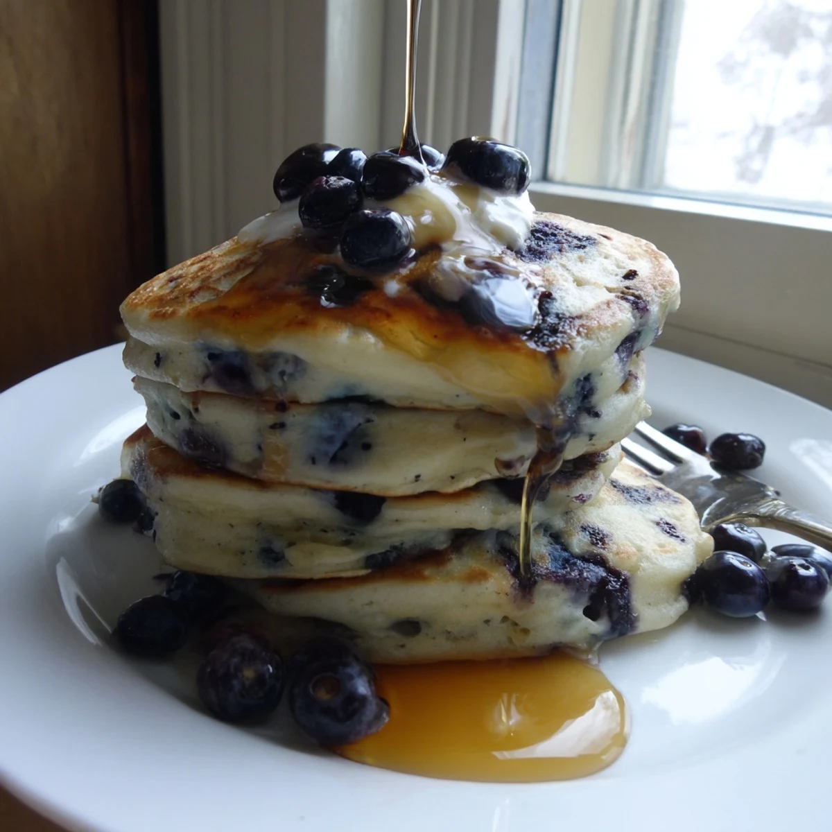 Golden stack of fluffy Greek yogurt blueberry pancakes topped with fresh berries and maple syrup