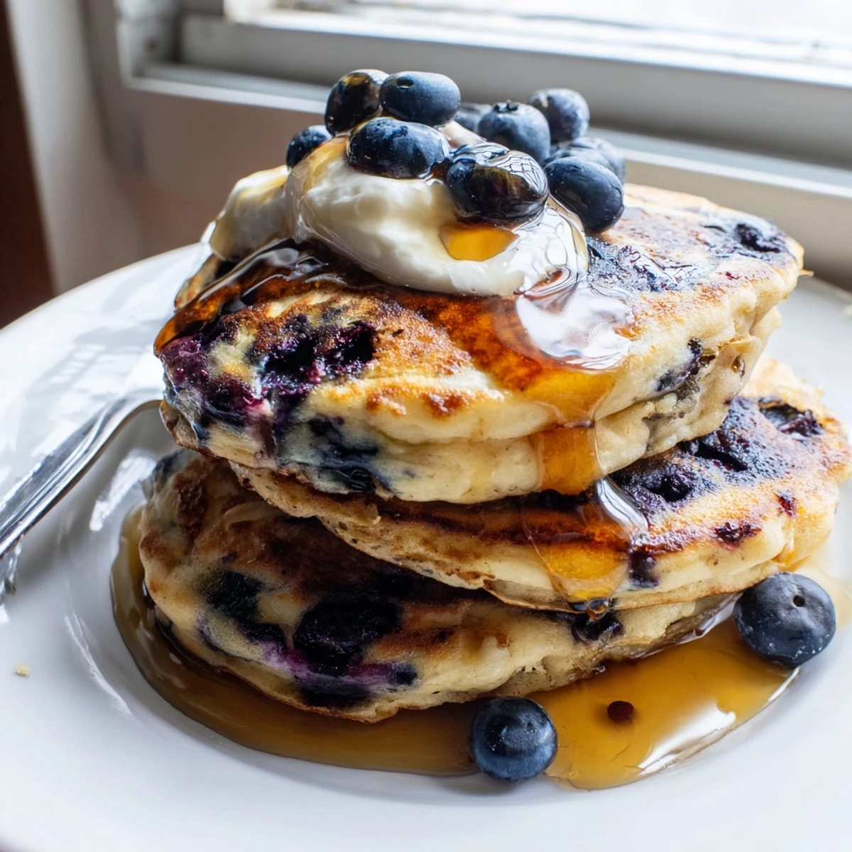 Light and airy Greek yogurt blueberry pancakes with juicy blueberry pockets, drizzled with sweet syrup