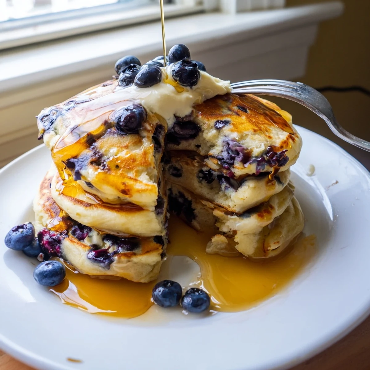 Breakfast plate featuring pillowy Greek yogurt blueberry pancakes garnished with extra fresh blueberries
