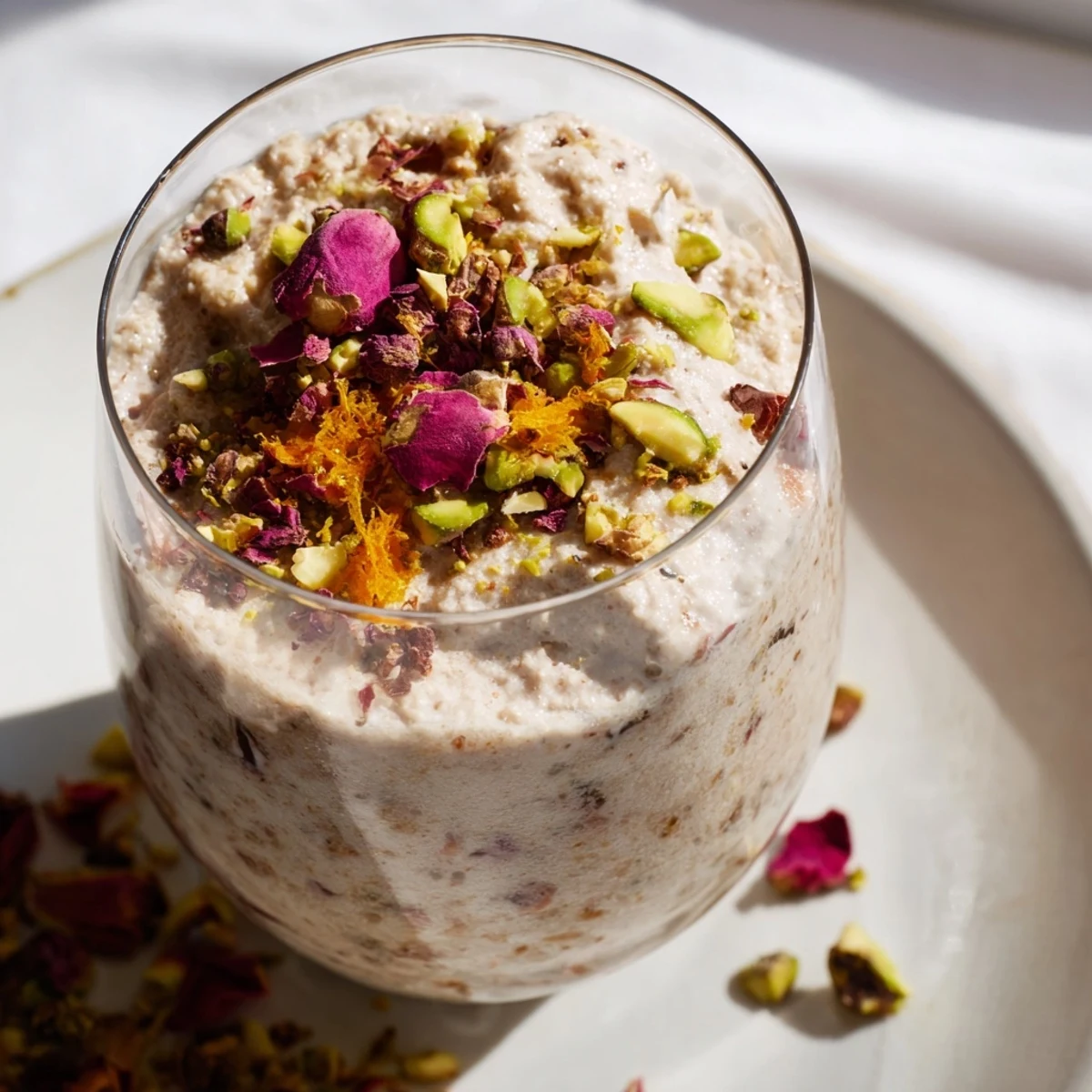 Creamy Lebanese date blossom mousse garnished with chopped pistachios and orange zest in clear glass