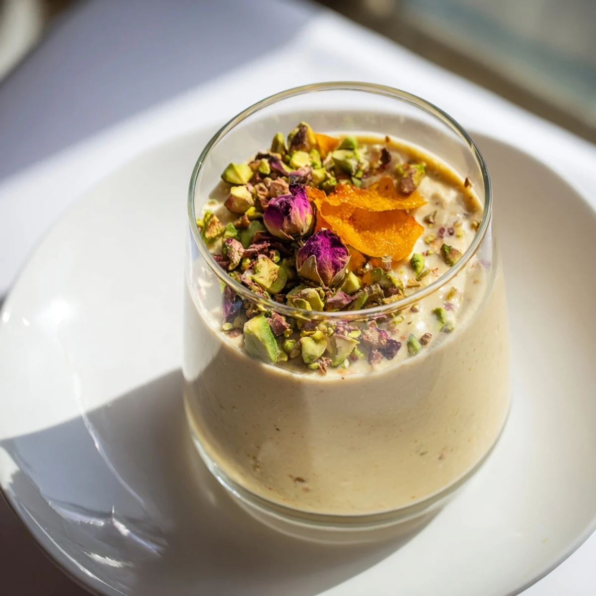 Airy mousse dessert featuring sweet Medjool dates and fragrant orange blossom water topped with rose petals