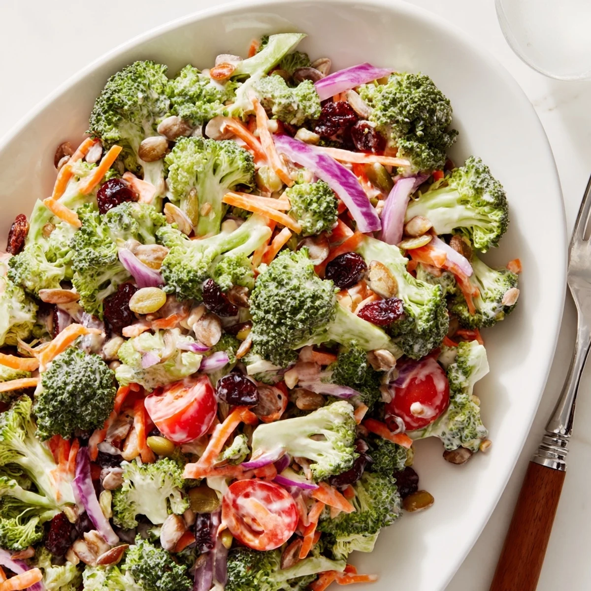 Fresh broccoli salad with dried cranberries, sunflower seeds, and tangy yogurt dressing in a white bowl