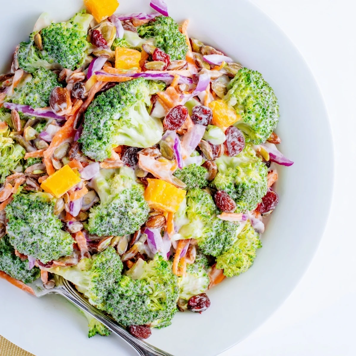 Colorful broccoli salad with cheddar cheese, red onion, and carrots coated in creamy honey mustard dressing