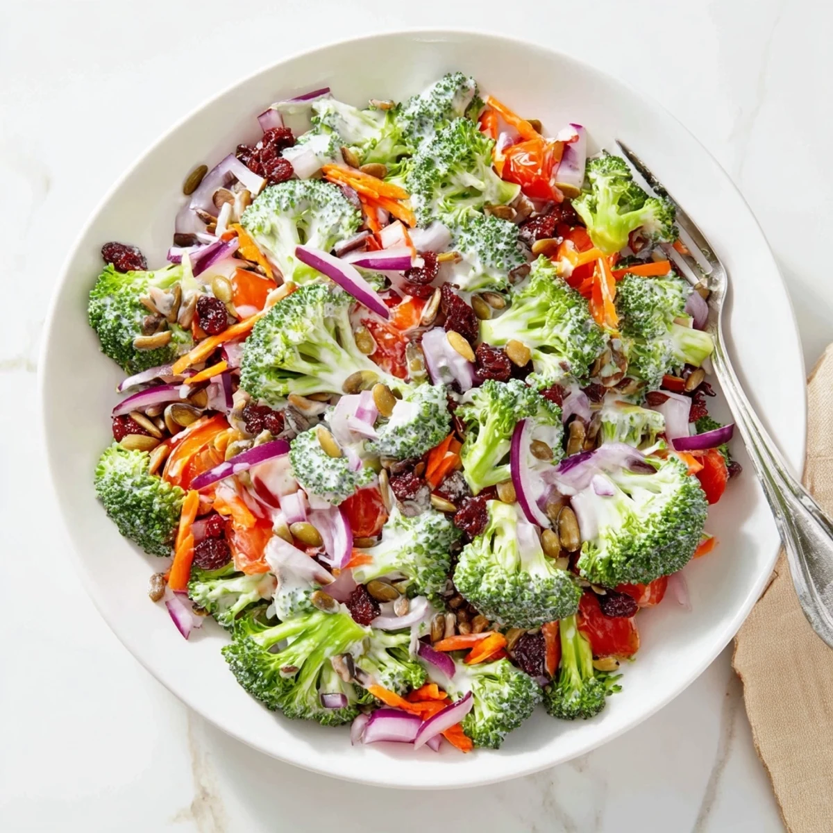 Crisp broccoli florets tossed with roasted nuts, sweet cranberries, and creamy dressing for a refreshing potluck side dish