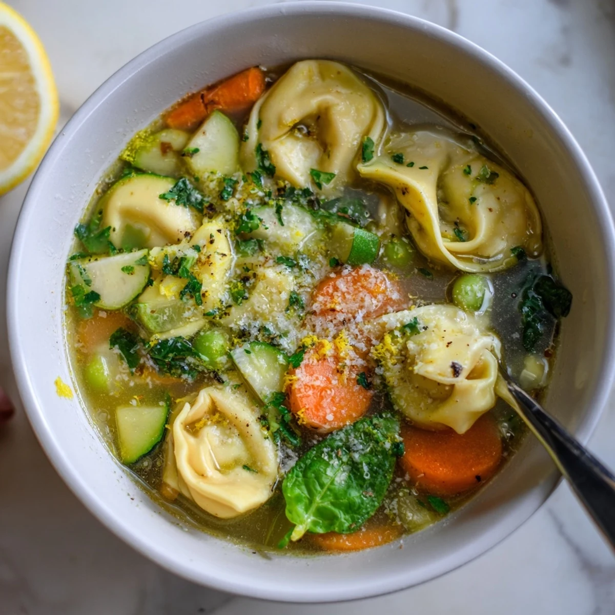 Creamy spring tortellini soup brimming with colorful vegetables and fresh herbs in a white bowl