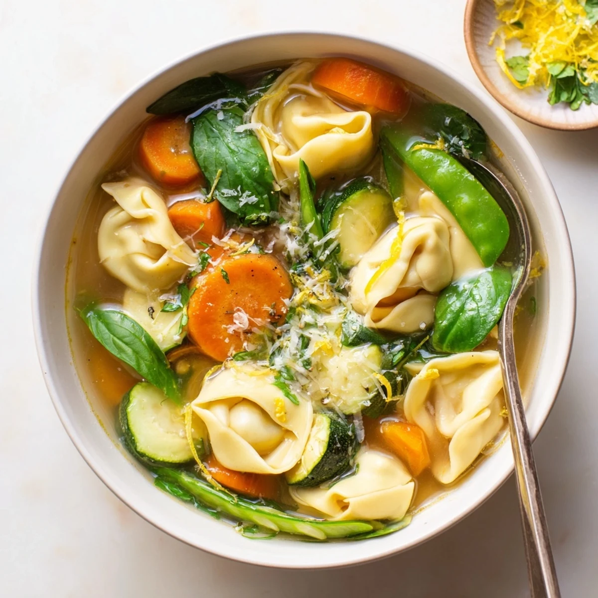 Golden spring tortellini soup garnished with fresh parsley, lemon zest, and grated Parmesan cheese