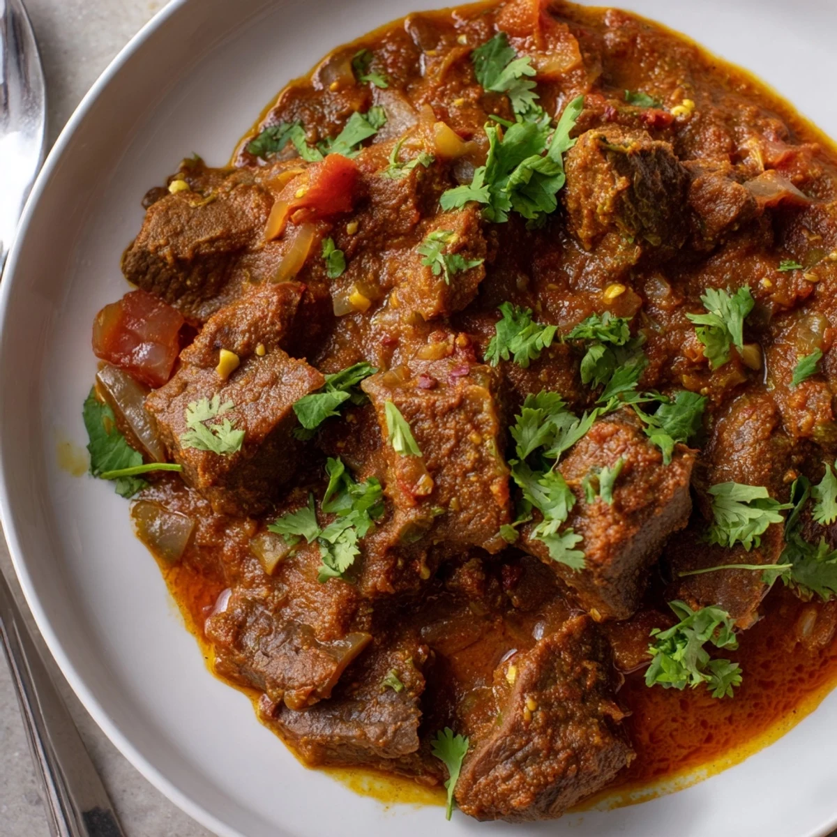 Golden beef chunks simmer in aromatic Indian curry sauce with vibrant spices and fresh cilantro garnish