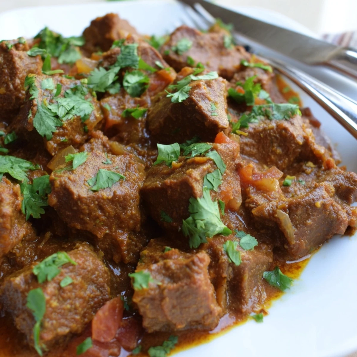 Tender Indian beef curry served over fluffy basmati rice with creamy coconut tomato gravy