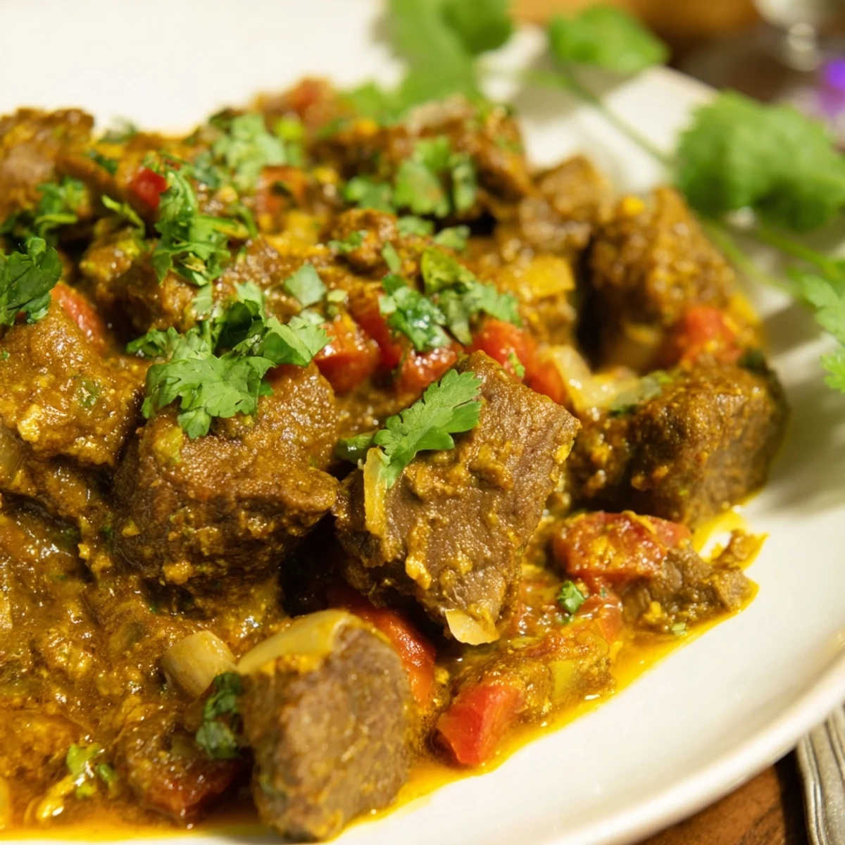 Hearty bowl of spiced Indian beef curry featuring tender meat in rich golden brown sauce