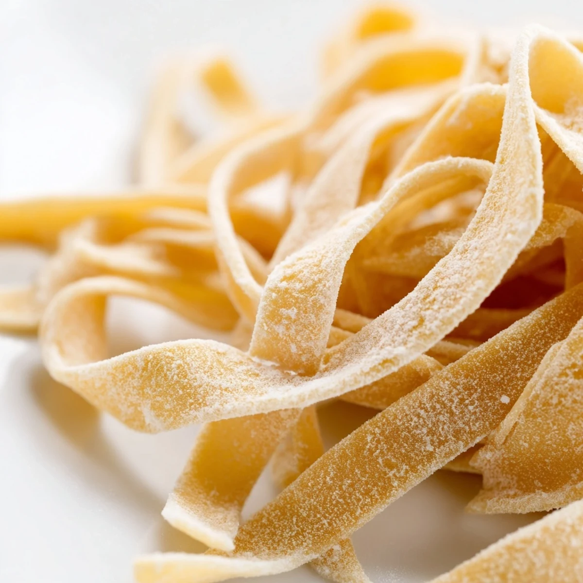 Golden strands of fresh homemade sourdough pasta dusted with flour on a wooden board