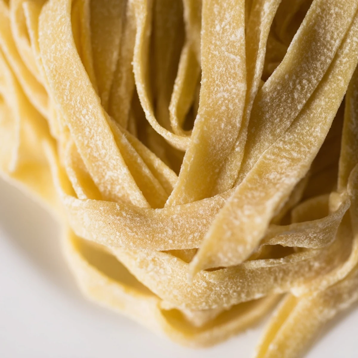 Rustic sourdough pasta noodles tossed in a white ceramic bowl with fresh green basil garnish