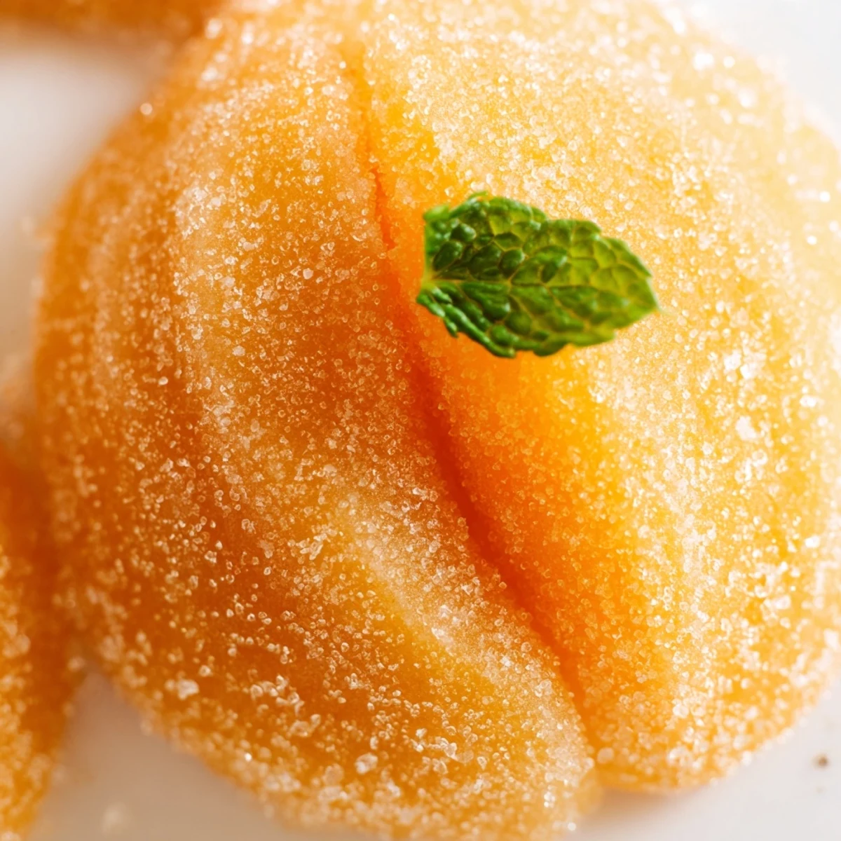 Peach-shaped sandwich cookies filled with chocolate jam and rolled in sparkling sugar