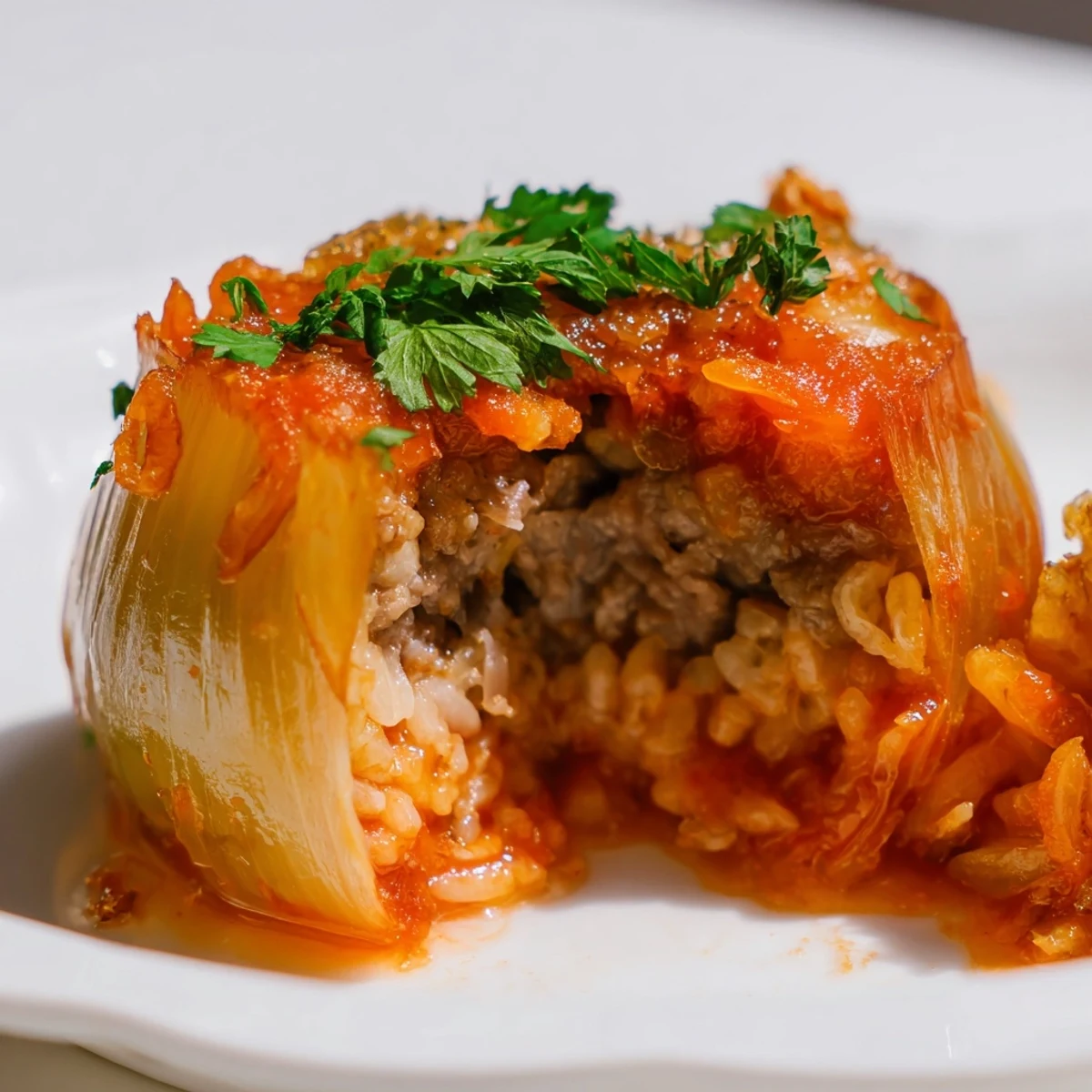 Golden Greek stuffed onions baking in rich tomato sauce with tender beef and rice filling