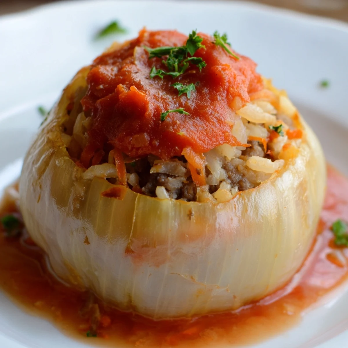 Plated Greek stuffed onions garnished with fresh parsley alongside crusty bread for a comforting Mediterranean meal