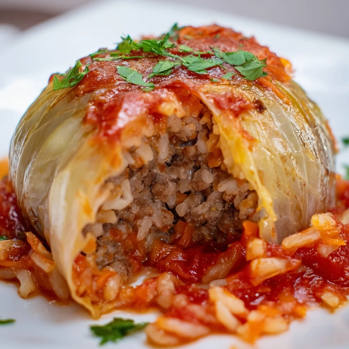 Rolled onion layers stuffed with seasoned ground beef and aromatic herbs, swimming in savory tomato sauce