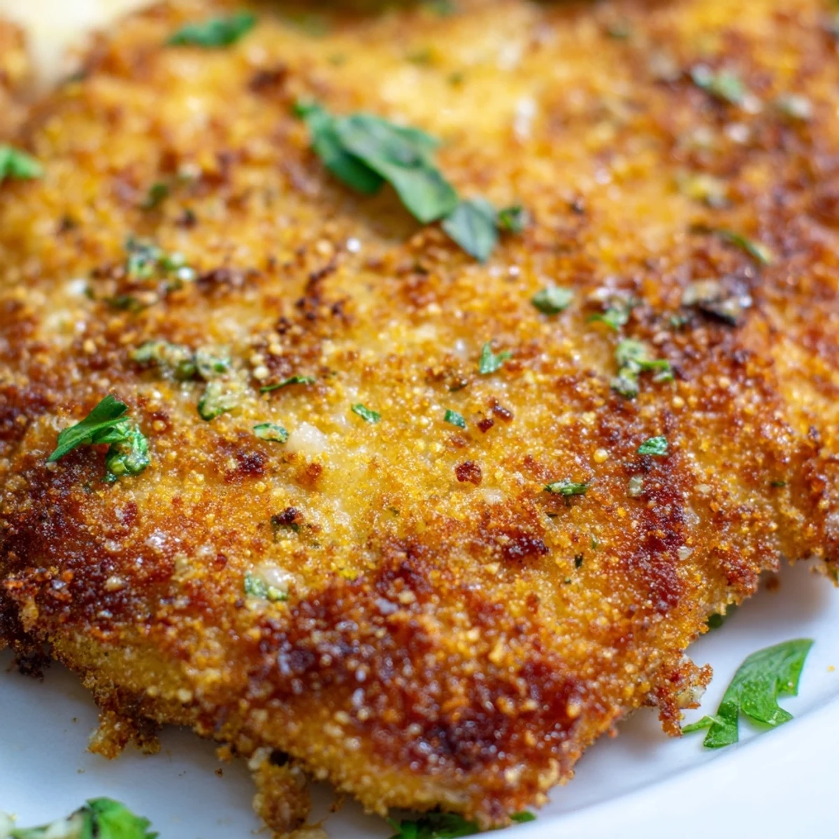 Crispy pan-fried Italian chicken cutlets with herb Parmesan coating resting on paper towels