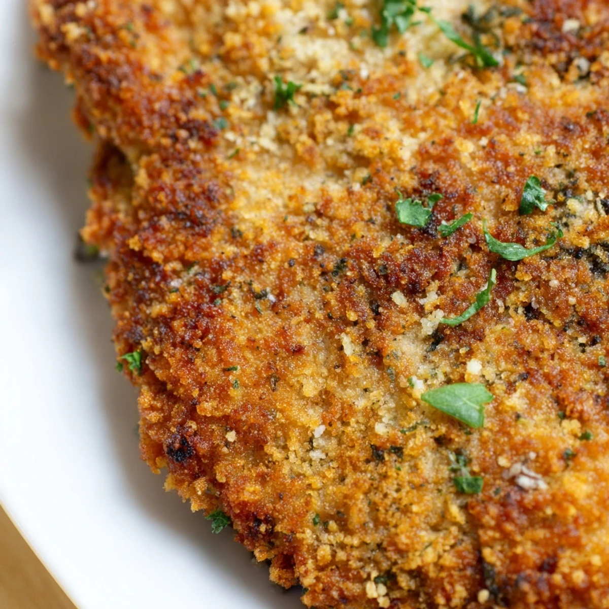 Italian chicken cutlets arranged on serving platter with garnish of fresh parsley sprigs